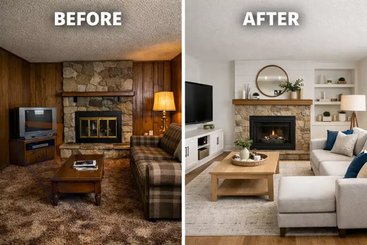 Modern living room with decorated wood paneling showing contemporary furniture and bright lighting