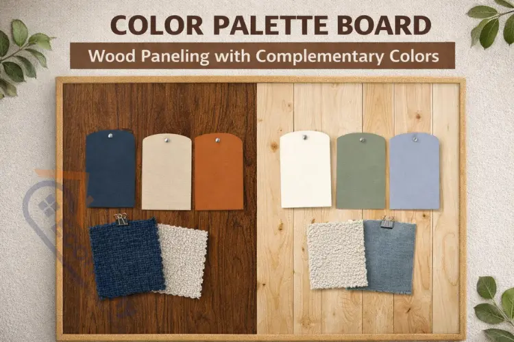 Interior design color scheme for wood-paneled living room with warm and cool tone combinations