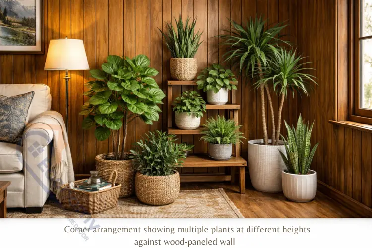 Indoor plant styling in wood-paneled living room with floor plants and hanging greenery