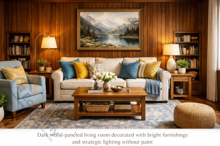 Decorated dark wood paneling living room using white furniture and mirrors instead of paint