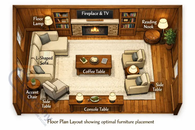 Living room furniture arrangement diagram for decorating with wood paneling and creating visual balance