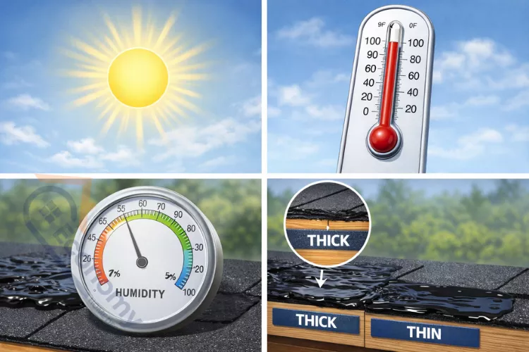 Visual showing weather and application factors affecting roofing tar drying time