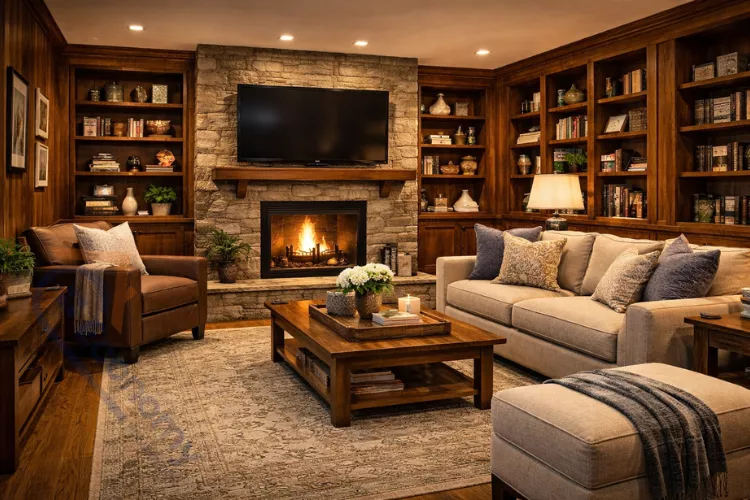 Complete modern living room design with decorated wood paneling showing lighting, furniture, and styling