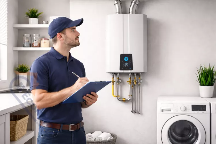 Home inspector checking water heater age and condition during property inspection