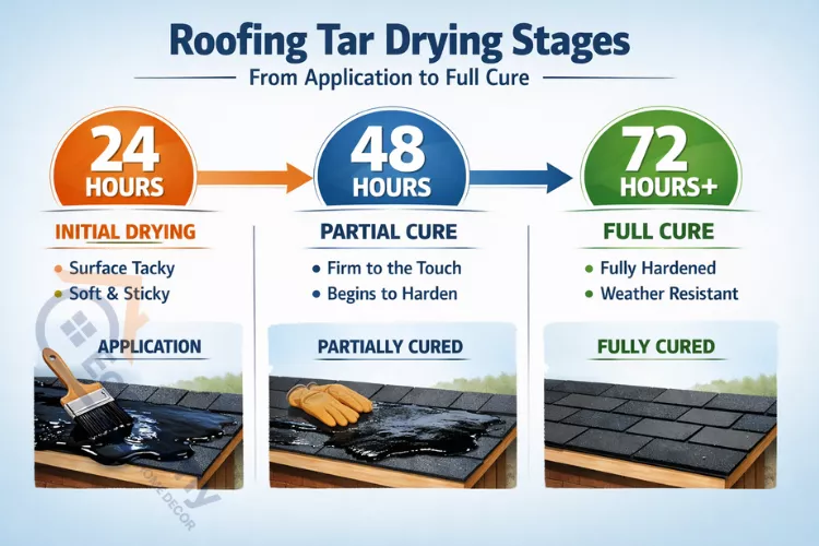 Timeline chart showing roofing tar drying stages from application to full cure