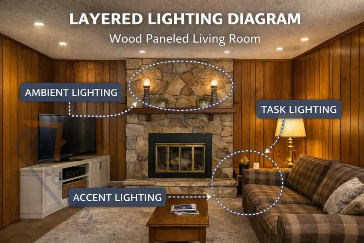 Professional lighting design for dark wood paneling with multiple light sources and layers