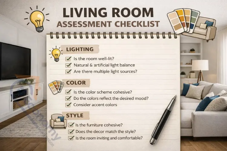 Interior design planning guide for evaluating wood-paneled living room before decorating