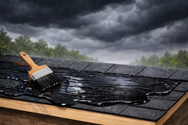 Dark rain clouds over roof with fresh roofing tar application