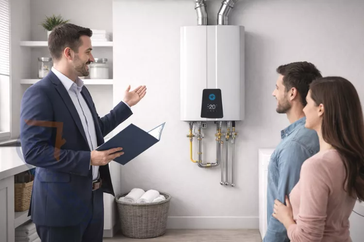 Real estate agent highlighting new water heater installation to interested homebuyers