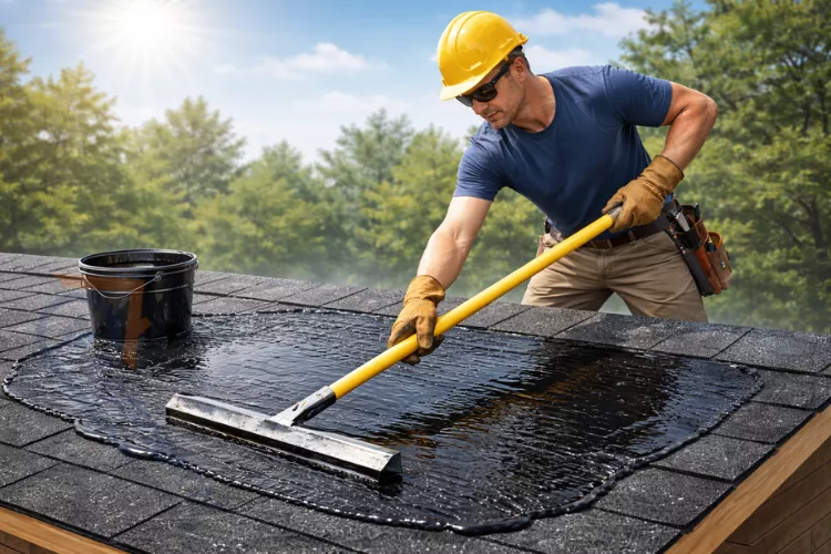 Professional applying thin layer of roofing tar with squeegee for faster drying