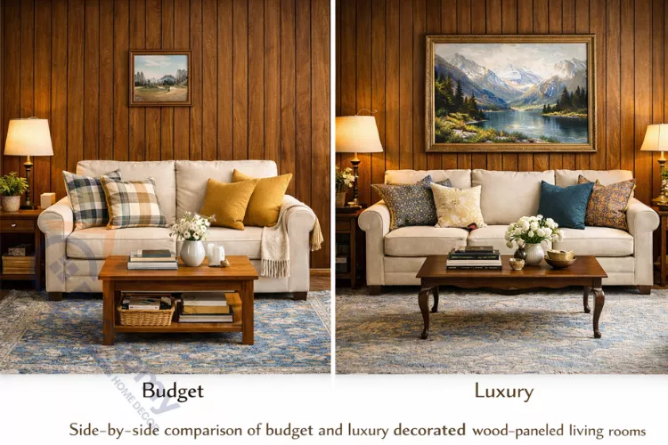 Budget-friendly versus luxury design approaches for decorating wood-paneled living rooms