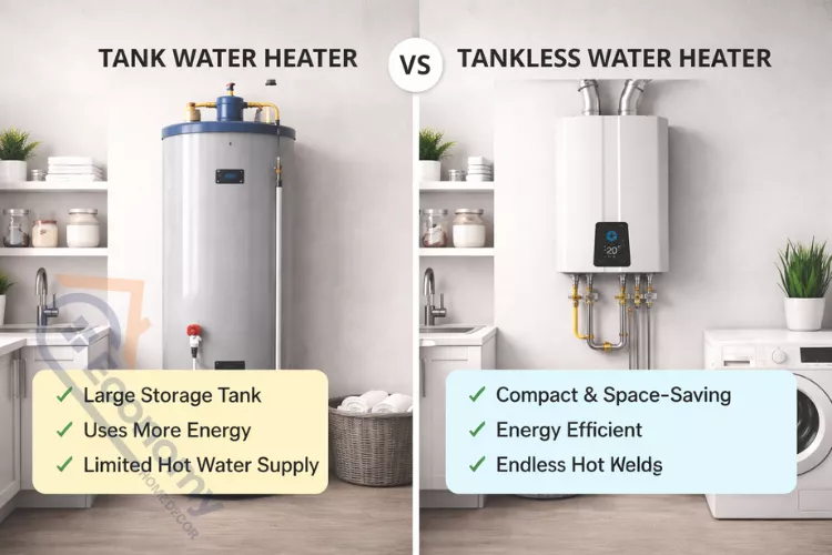 Comparison of traditional tank water heater vs modern tankless system for home value