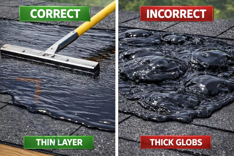 Comparison showing proper thin roofing tar application versus improper thick application