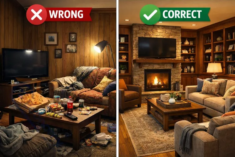 Common decorating mistakes in wood-paneled living rooms versus proper design solutions