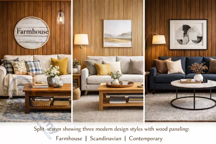 Modern wood paneling living room ideas showing farmhouse, Scandinavian, and contemporary design styles