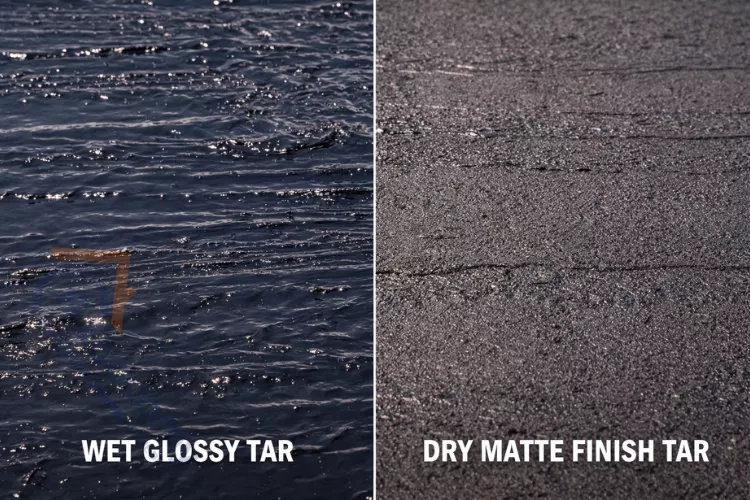 Comparison of wet roofing tar versus dry cured roofing tar surface