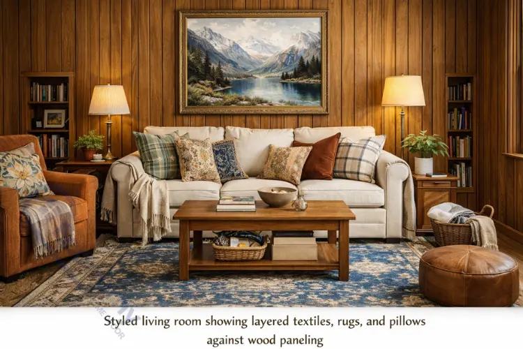 Textile styling in wood-paneled living room with layered rugs and decorative pillows creating color contrast