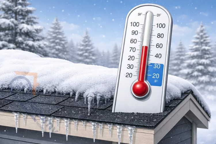 Thermometer showing cold weather conditions affecting roofing tar application