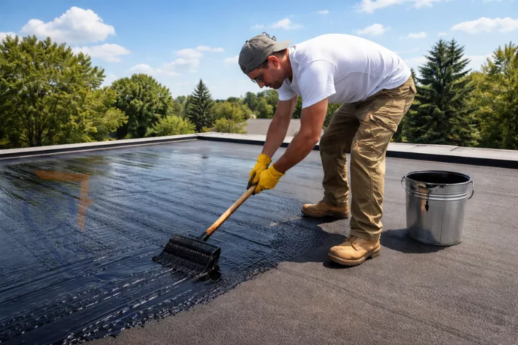Professional roofer applying roofing tar to seal roof surface