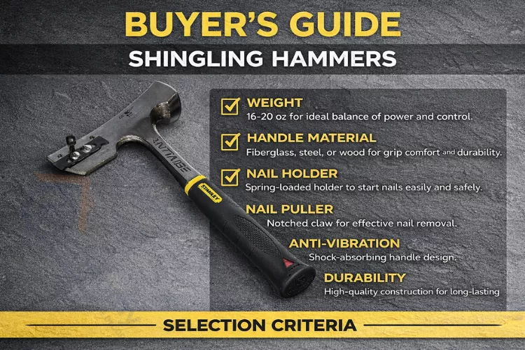 Visual guide showing how to select the best shingling hammer based on weight, handle type, and project needs