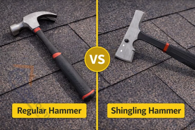 Comparison showing differences between standard claw hammer and specialized roofing shingling hammer