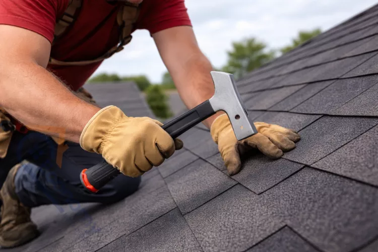 Professional contractor using magnetic shingling hammer for efficient asphalt shingle installation