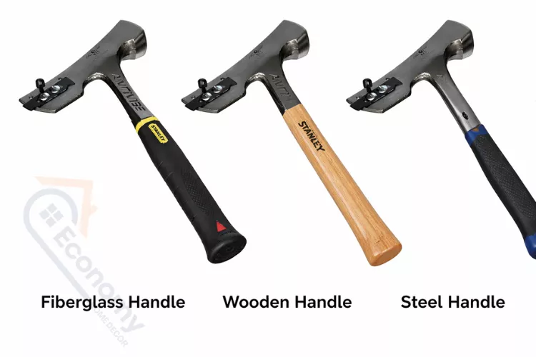 Comparison of steel, fiberglass, and wooden handle shingling hammers showing construction differences