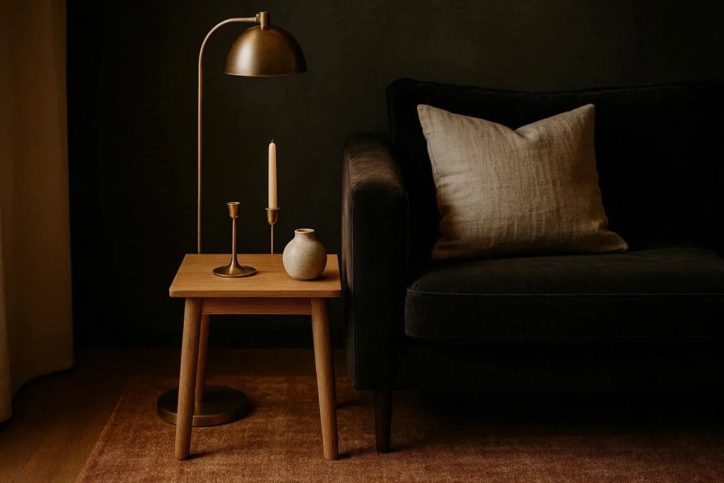 Black living room corner with brass floor lamp, oak side table, linen cushion, and warm metallic accents