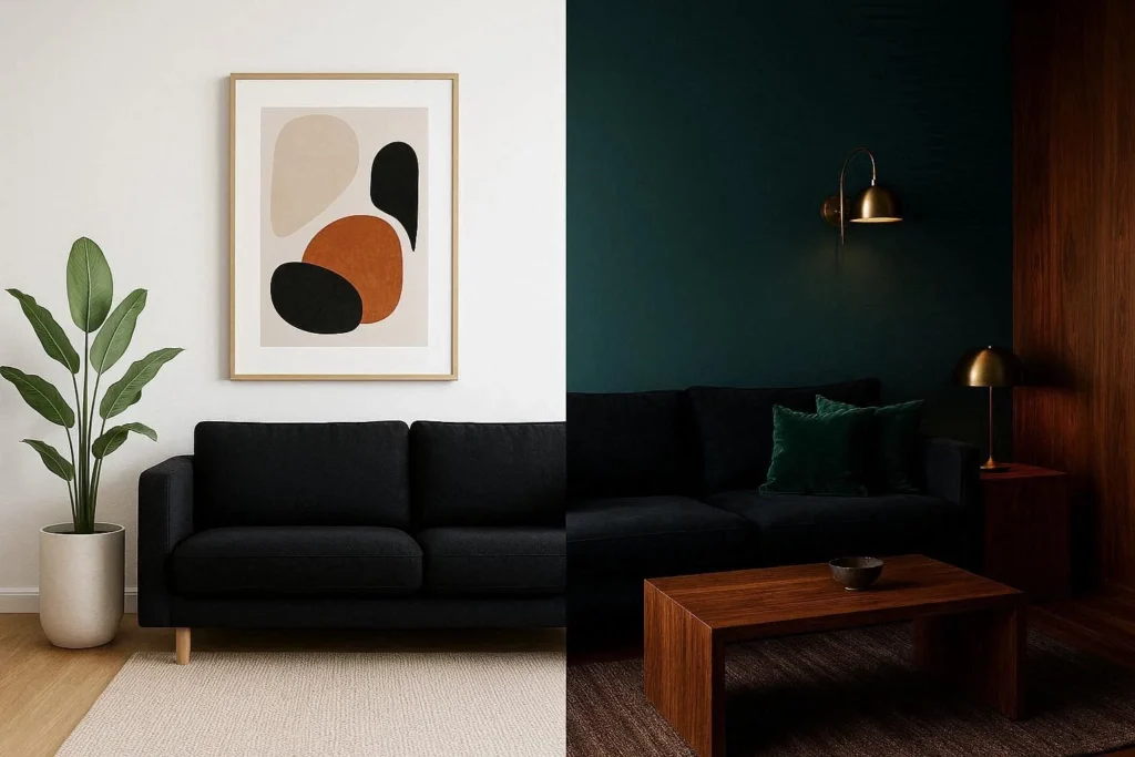 Two black sofa living room styles side by side showing minimalist white decor versus bold jewel tone accent wall