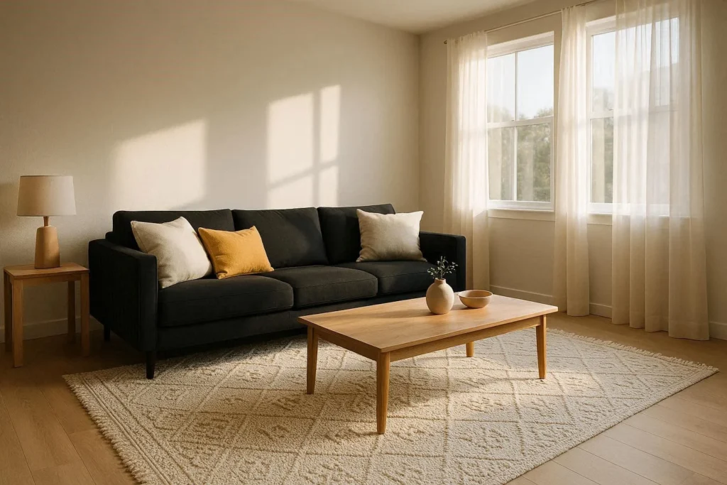 Black sofa living room with light grey walls, cream rug, wood coffee table, and sheer white curtains