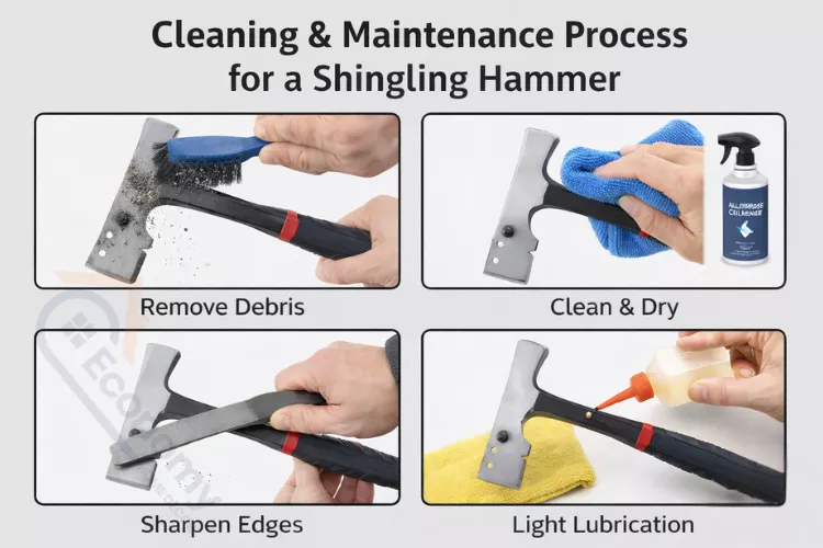 Proper maintenance of roofing hammer including cleaning blade, checking handle, and storage methods
