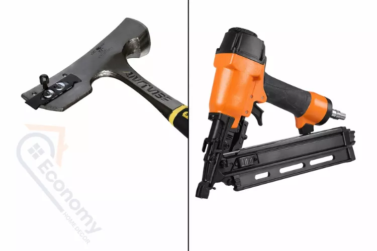 Side-by-side comparison of traditional shingling hammer versus pneumatic roofing nail gun