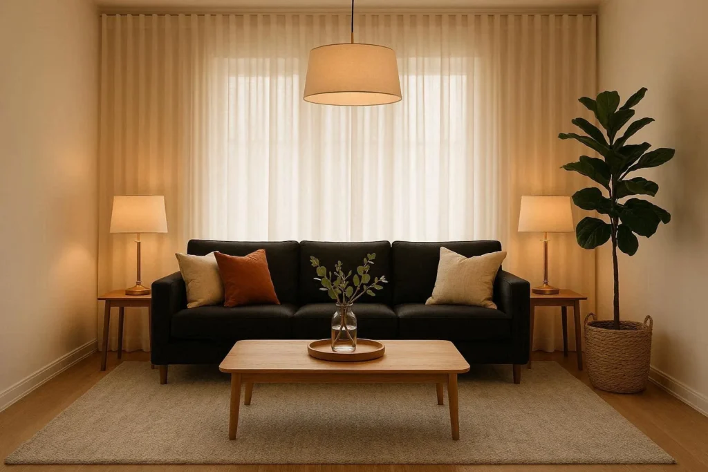 Balanced living room with black sofa, cream and rust cushions, grey rug, wood coffee table, and layered brass lighting