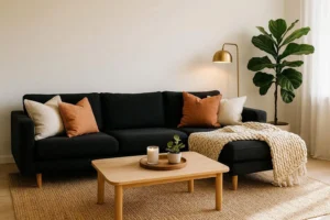 Stylish living room with black sofa decorated with cream cushions, jute rug, brass lamp, and fiddle-leaf fig plant