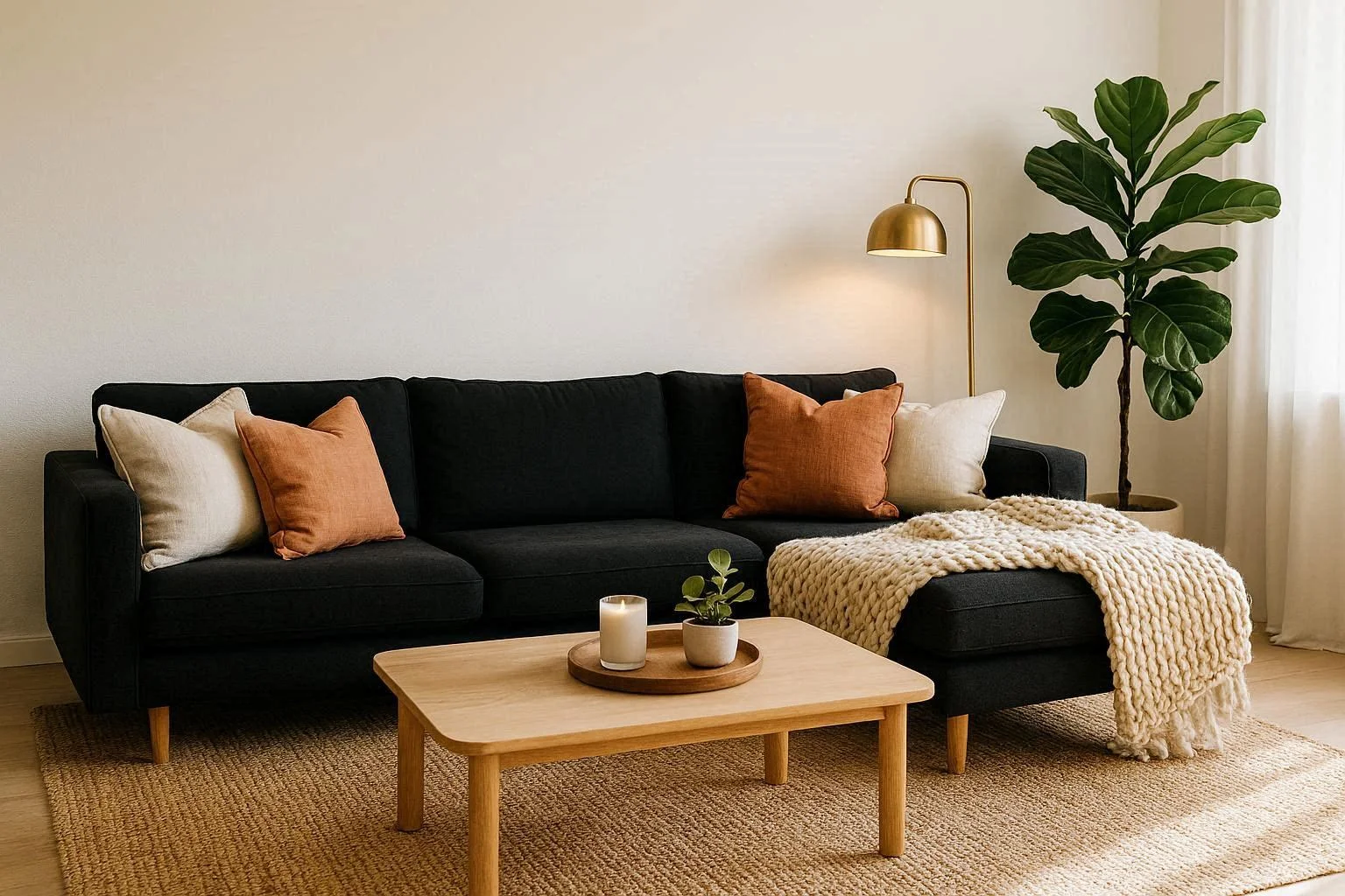 Stylish living room with black sofa decorated with cream cushions, jute rug, brass lamp, and fiddle-leaf fig plant