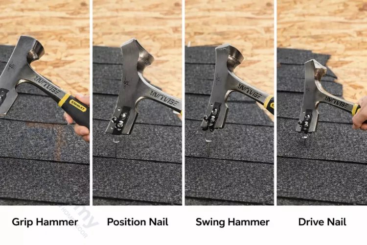 Demonstration of correct shingling hammer grip, nail placement, and cutting technique for roofing work