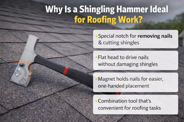 Shingling hammer resting on asphalt roof shingles with text explaining why a shingling hammer is ideal for roofing work, highlighting nail removal notch, flat head for driving nails, magnetized nail holder, and multi-purpose roofing design.