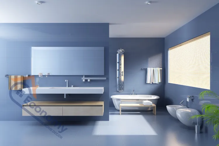 An image showcasing "Blue Bathroom Decor Ideas," highlighting a minimalist design with a floating sink and vanity, a standalone tub, and a monochromatic blue color scheme.