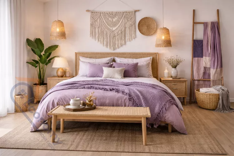 Bohemian purple bedroom featuring mixed patterns, macramé wall hanging, and rattan furniture
