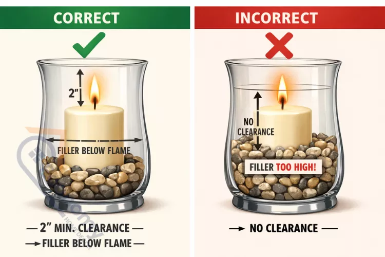 Glass hurricane candle holder safety guide showing proper candle height and filler placement for fire safety