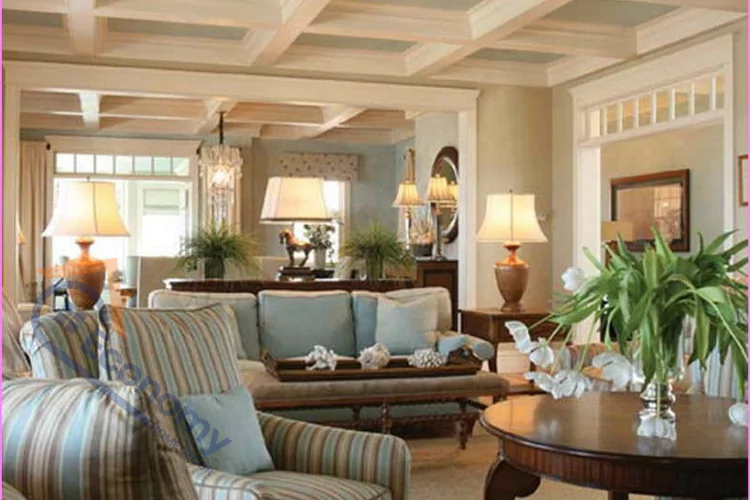 An interior space decorated in a classic Cape Cod style, featuring light colors, natural textures, and coastal-inspired accents, perfect for Cape Cod Decorating Ideas.
