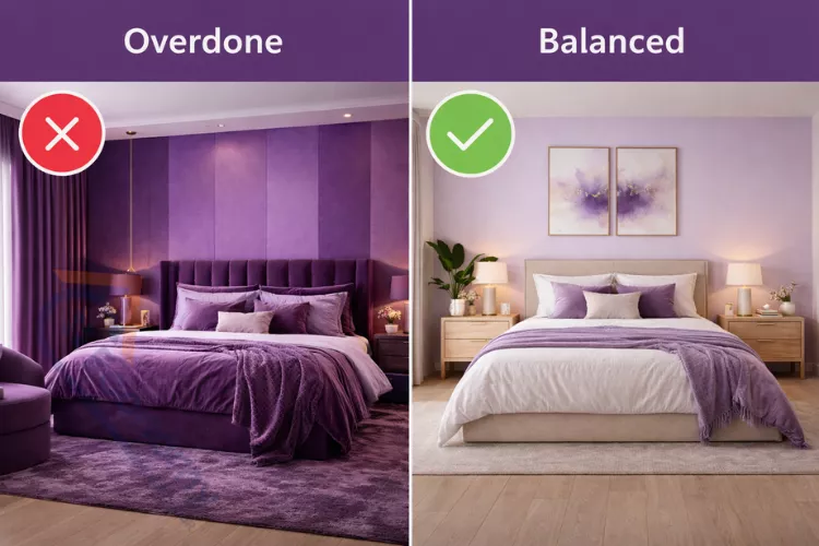 Purple bedroom design comparison showing balanced color distribution versus overwhelming purple saturation