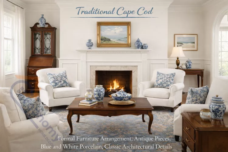 Traditional Cape Cod interior design with antique furniture and classic details