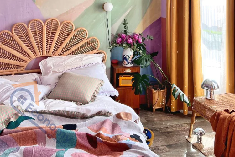 A warmly lit bedroom with a plush bed, soft textiles, and ambient lighting, embodying various "Comfy Bedroom Ideas."