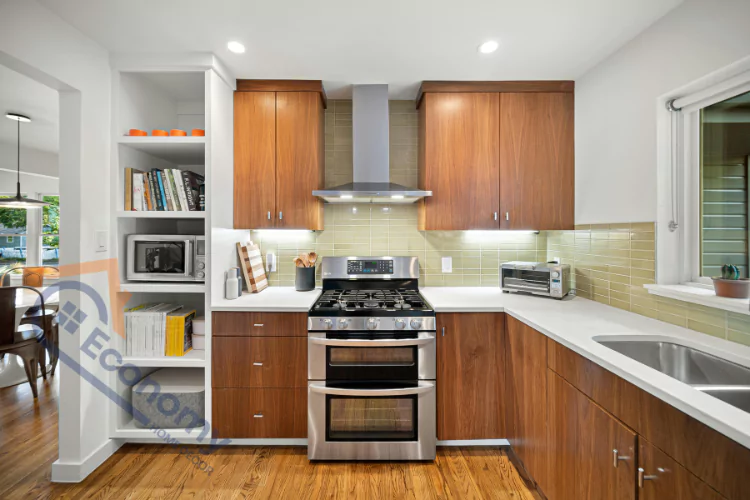 An image demonstrating "Countertop Decorating Ideas," showcasing a functional and stylish kitchen with minimal decor on the countertops and a clear, organized layout.