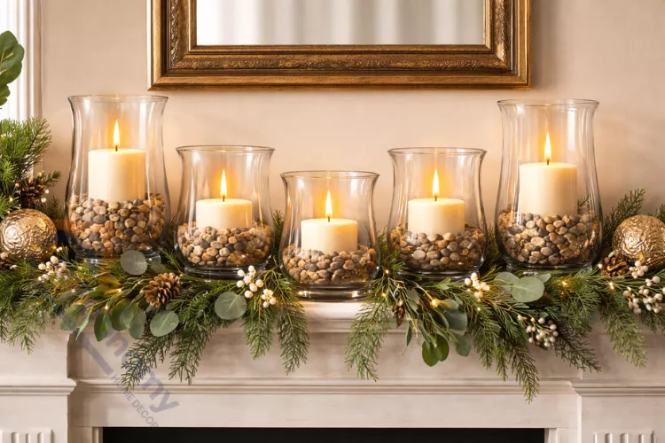 Interior designer mantel styling with glass hurricane candle holders in varying heights showing the rule of odd numbers