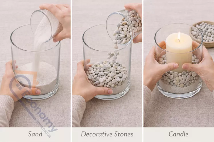 DIY hurricane candle holder decorating tutorial showing how to layer sand and stone fillers for budget-friendly décor