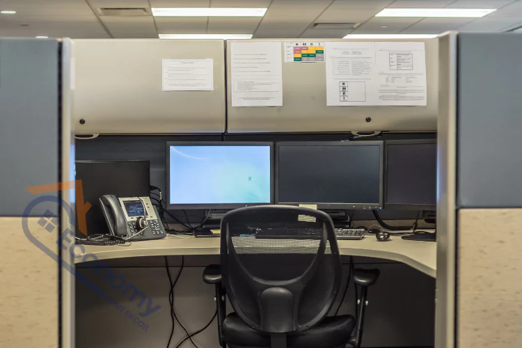An image demonstrating "Cubicle Decor Ideas" by showing a simple, undecorated office cubicle with essential work equipment and a lack of personal touches.