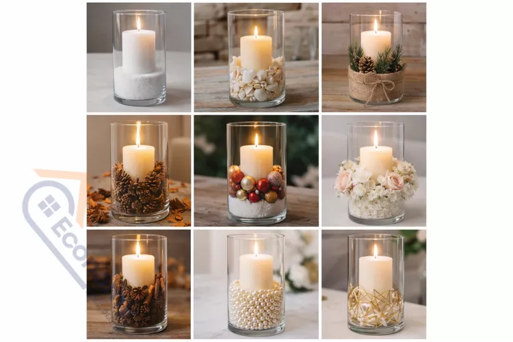 Hurricane candle holder decorating ideas showing 9 different styles from coastal to farmhouse to elegant wedding centerpieces