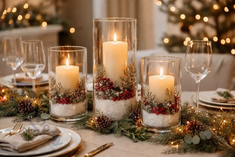 Glass hurricane candle holder ideas for dining table centerpiece with varied heights and warm candlelight